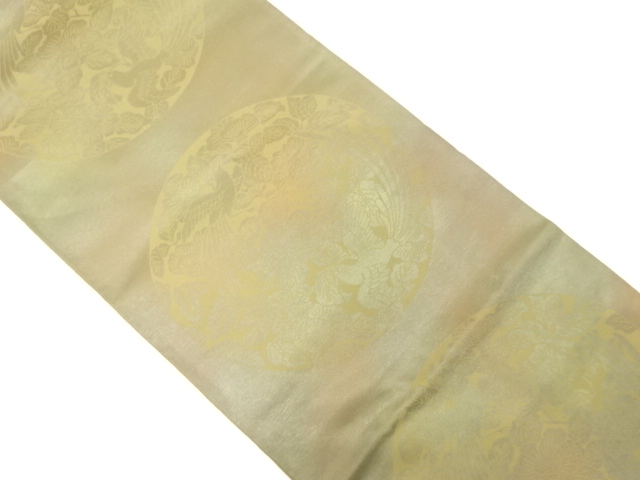 丸に尾長鶏・椿模様織出し全通袋帯